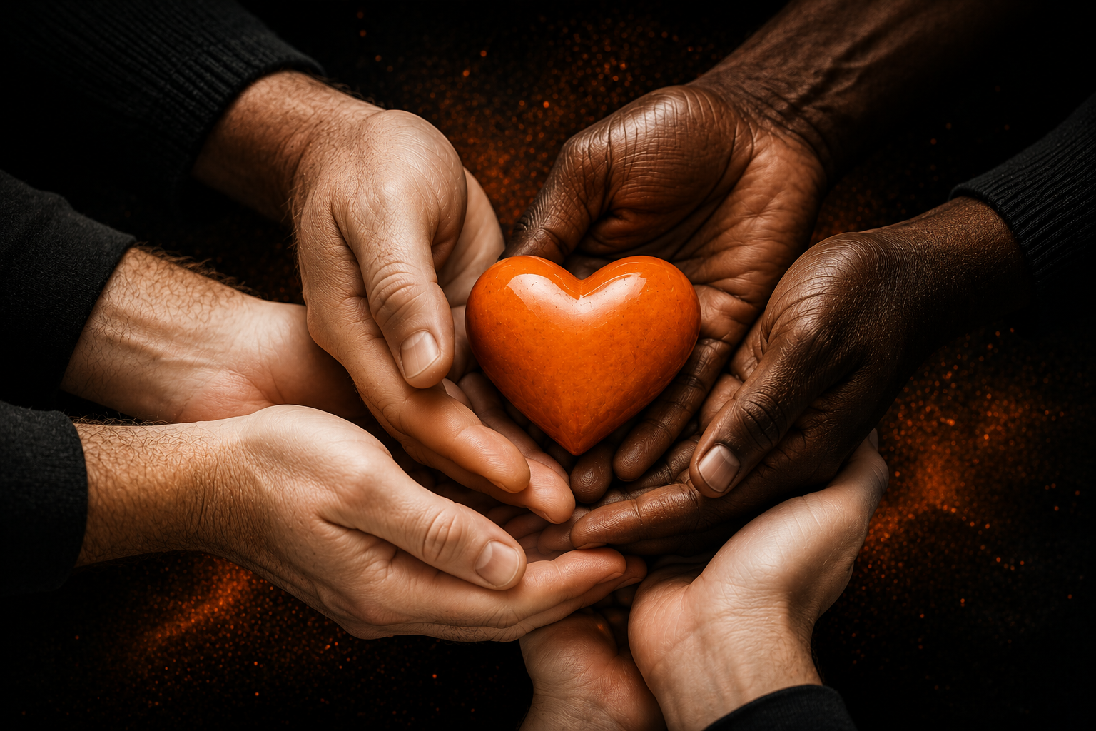 Diverse hands holding an orange heart together - representing community and charity