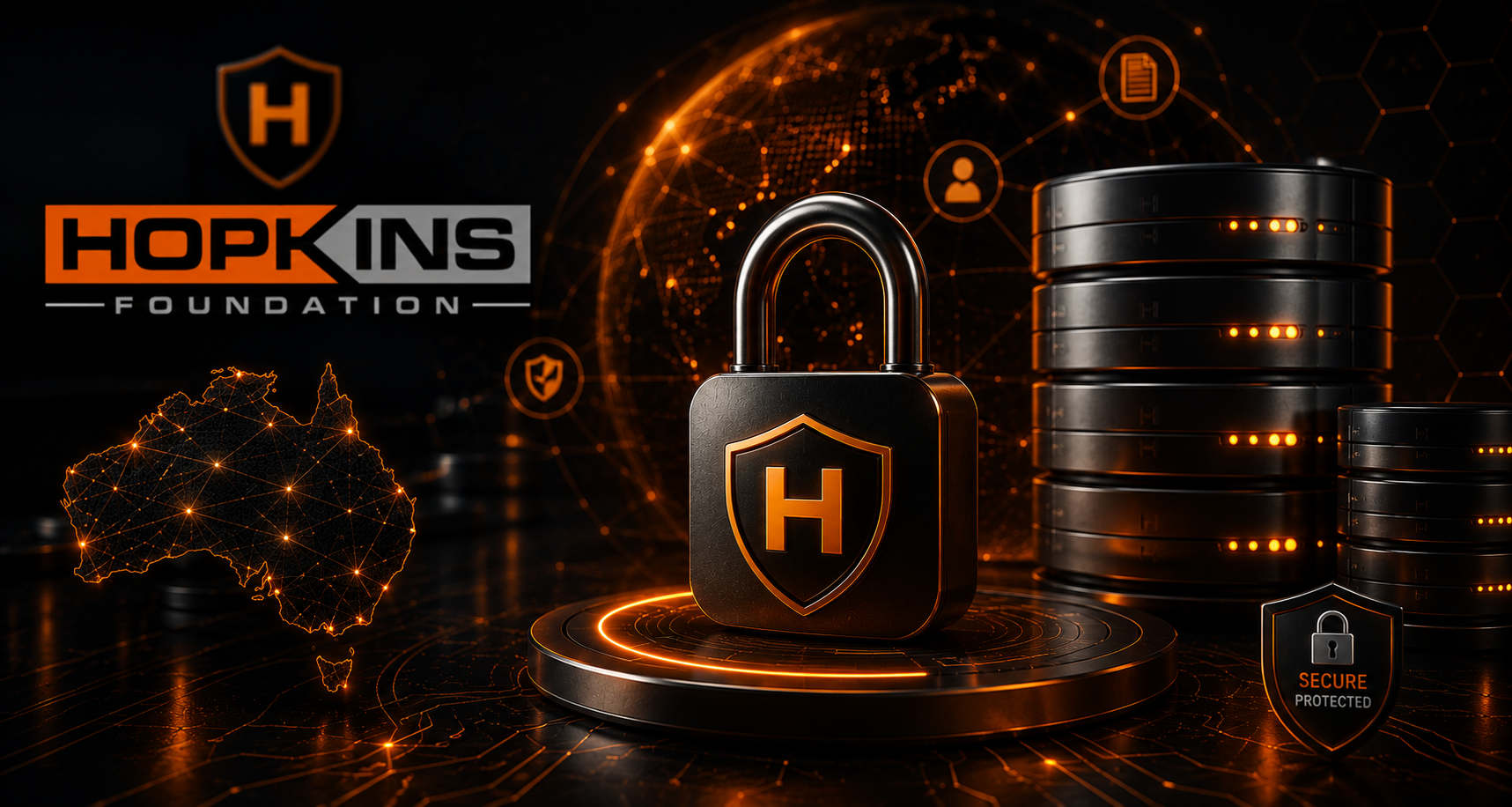 Hopkins Foundation data security - padlock with shield emblem, server stacks, and Australia network map